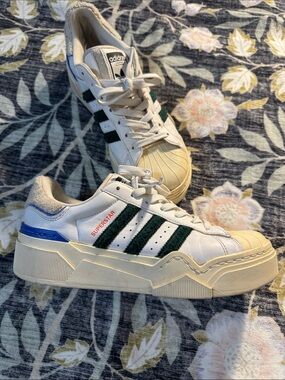 adidas Superstar Platform Sneakers with Green Stripes & Blue Heel Accent